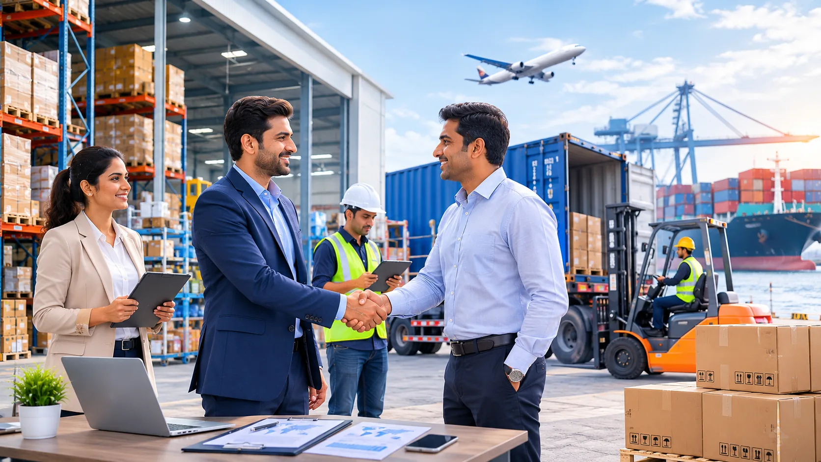 Two business partners shaking hands at a logistics warehouse
